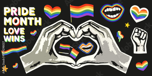 Pride month illustration with hands forming heart and rainbow elements
