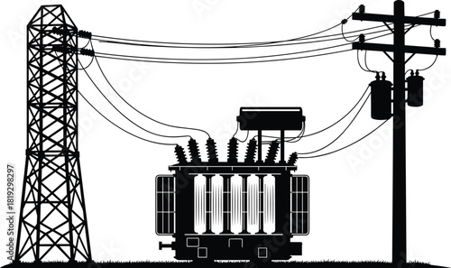 Silhouette vector illustration of transformer station with transmission tower and utility pole—technical infrastructure layout for power distribution, engineering, planning, reference