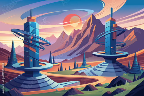 Futuristic landscape dominated by giant energy collectors vector illustration