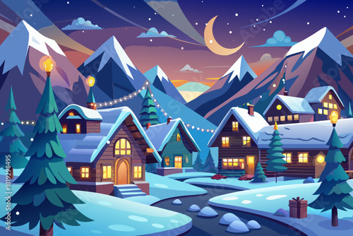 Charming cartoon scene of a quiet picturesque mountain town vector illustration