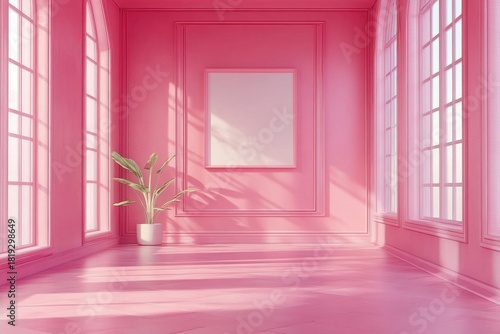 A 3D rendering of a pink room with an empty picture frame on wall serves as a mockup for potential artwork or photographs
