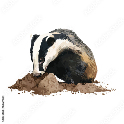 Active Badger Digging in Soil Wildlife Vector Illustration.