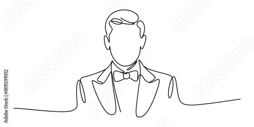 Continuous line drawing of a sophisticated man in a formal tuxedo