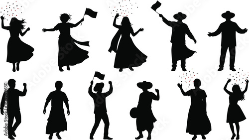 Silhouette vector illustration of people celebrating with flags and confetti—cultural unity, festive joy, traditional dance, and expressive human poses