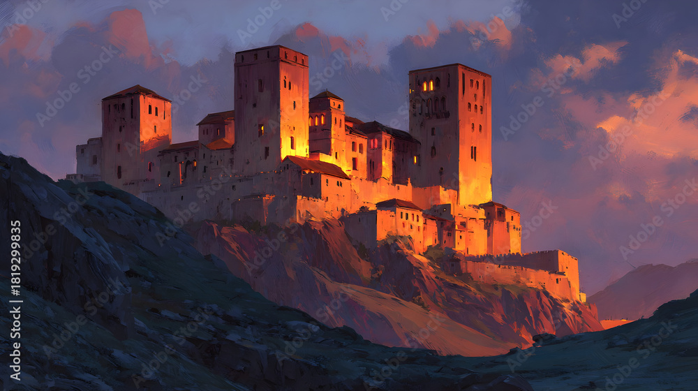 Fototapeta premium Majestic fantasy fortress at sunset on rolling hills