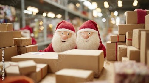 Festive toy santas in workshop surrounded by holiday gift boxes