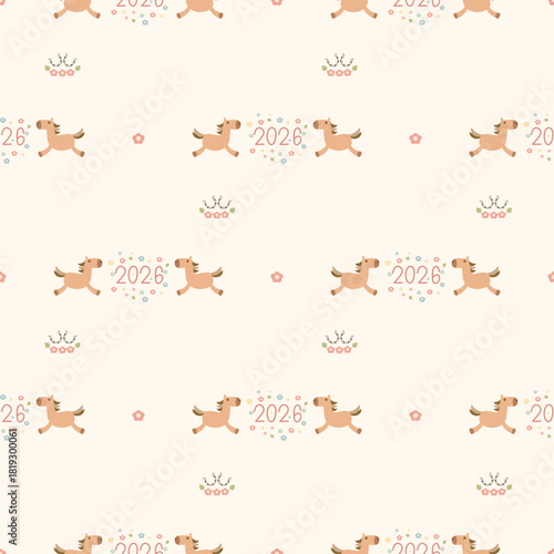 Horse cartoon so cute. On horseshoe flower background. Pattern seamless vector illustration. Happy new year2026