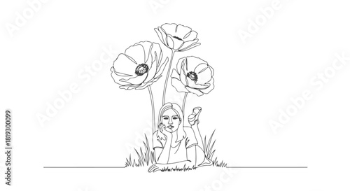 Single continuous line art of a person lying in grass with poppies delicate drawing