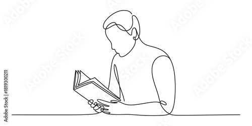 Continuous line drawing of a person focused on reading a book