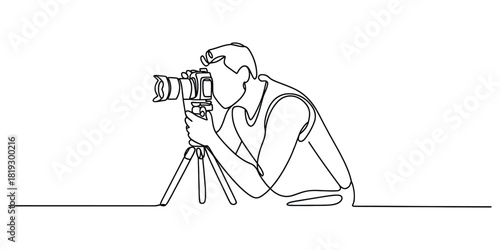 Line art drawing of a photographer using a camera with tripod.