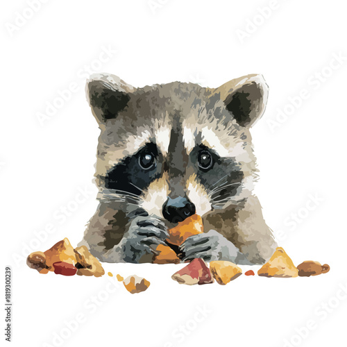 Adorable Raccoon Eating Food HandDrawn Vector Illustration.