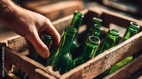 Hand placing or removing green glass bottles in a rustic wooden crate, ready for recycling or reuse.