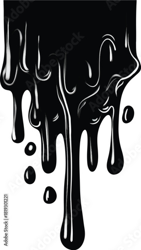 Black dripping paint or liquid a glossy vector illustration isolated on a white background for graphic design