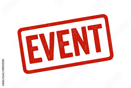 Red event stamp with distressed texture on white background