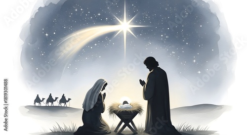 Silhouette of Mary, Joseph before baby Jesus in manger under star. Wise men on camels in desert following bright star over Bethlehem for Christmas. Praying, religious holiday watercolor illustration