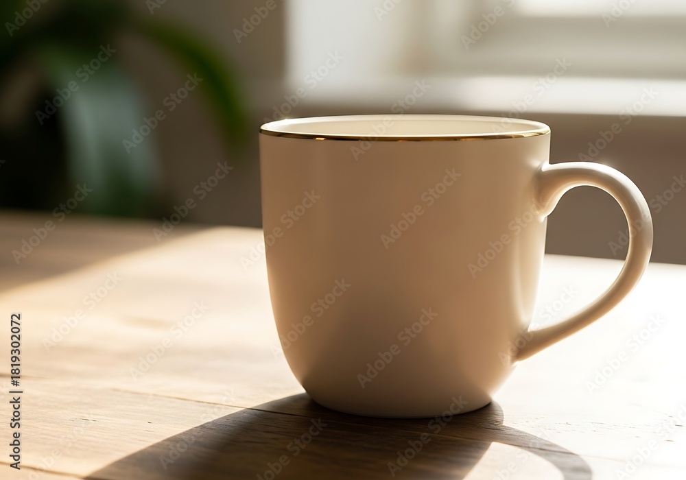 Fototapeta premium Elegant ceramic mug on wooden table bathed in morning light indoors