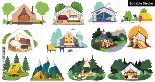 amping and Glamping Vector Illustration Set with Editable Stroke – Tents, Outdoor Nature Scenes, Campfires, Mountains and Adventure Travel Graphics Collection.