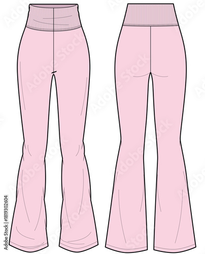 womens bootcut leggings fashion flat sketch vector illustration high waisted flare yoga pant with tummy control front and back view technical cad drawing template