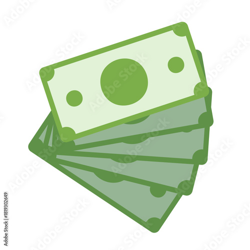Blank cash money currency note template design in green color. Banknotes fanned out. Green currency bank note, cash and money symbol. Flat illustration