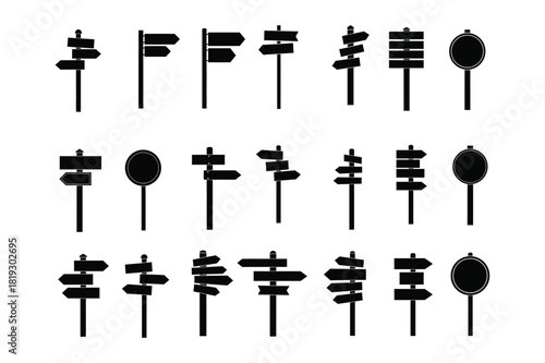 Collection of various black signpost silhouettes isolated on white background