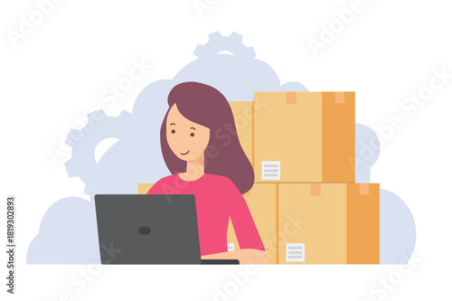 woman sitting and using laptop and check new order to sell products online, concept of online e commerce store