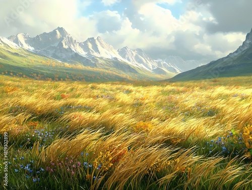 A breathtaking view of a golden field adorned with vibrant wildflowers, set against majestic snow-capped mountains under a cloudy blue sky, creating a serene and picturesque landscape.