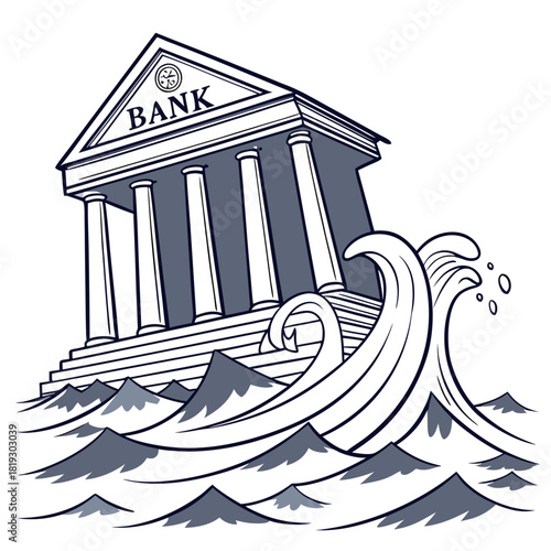 Bank building tilting precariously as large ocean waves crash against its foundation and steps