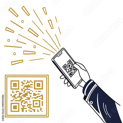 Hand holding smartphone scanning a golden qr code with abstract golden lines radiating from the phone screen