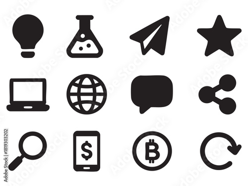 Phishing, Reject web and Search file solid icons pack. Share, Message, Paper plane icons. Online survey, Idea, Loyalty program web icon. Vector 
