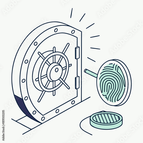 Secure access to vault with fingerprint scanner and magnifying glass illustration