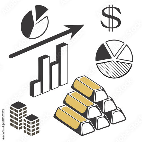 Financial growth and investment concept with bar charts pie charts gold bars buildings and dollar sign