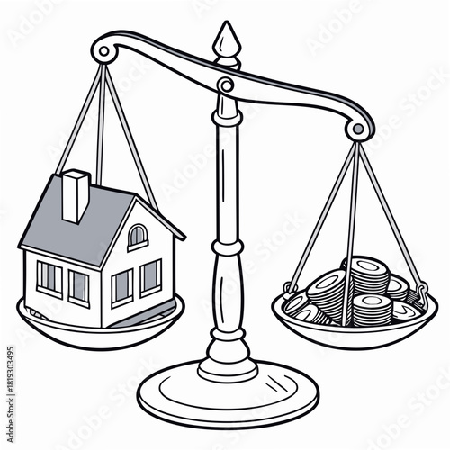 A house and a stack of coins are balanced on a scale representing financial decisions and property value