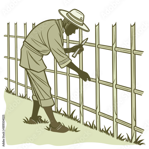 Farmer wearing a hat and traditional clothing tending to a bamboo fence with a knife in his hand