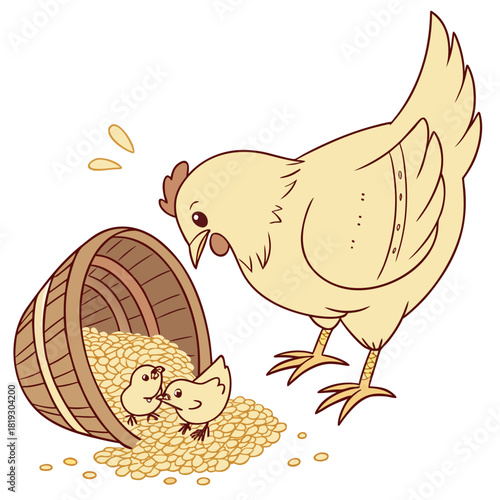 Cute cartoon hen and two chicks gathered around a spilled basket of grain on a white background