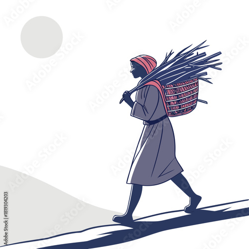 Silhouette of a woman carrying a basket of firewood on her back under a large moon
