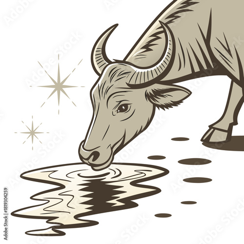 A stylized illustration of a water buffalo drinking from a puddle on a white background with sparkling stars