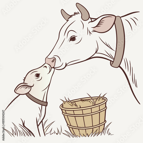 Gentle mother cow nuzzles her adorable calf in a tender moment of farmyard affection