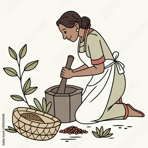 Woman kneeling and grinding beans with a mortar and pestle in a traditional setting