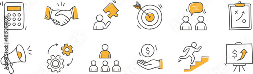 business, icon, handshake, puzzle, target, arrow, strategy, planning, calculator, megaphone, gears, teamwork, money, coin, growth, stairs, chart, success, idea, communication, management, finance, col