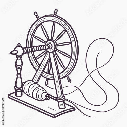 Vintage spinning wheel with thread elegantly flowing to the right in a simple line art illustration