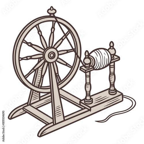 Vintage spinning wheel illustration with a spool of thread on a white background