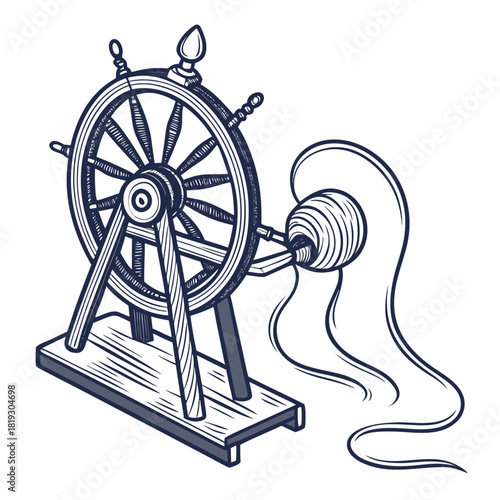 Vintage spinning wheel with thread being wound onto a bobbin in a stylized illustration