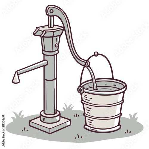 Vintage hand water pump drawing with a bucket collecting fresh water from the spout on grass