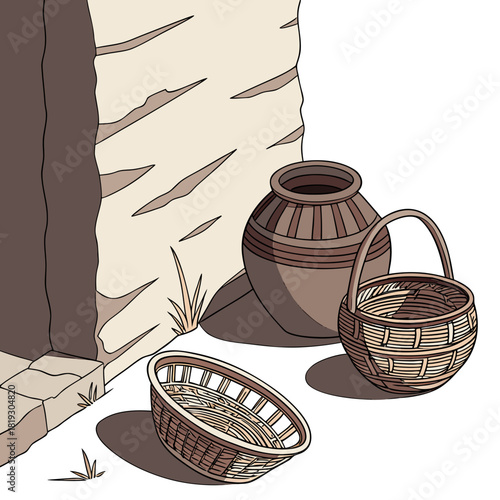 Ancient clay pot and woven baskets rest near a weathered stone structure with dry grass