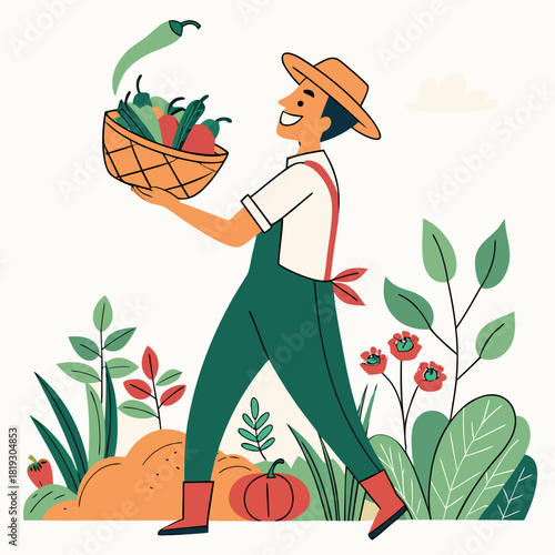 Happy farmer carrying a basket full of freshly harvested vegetables and peppers in a garden