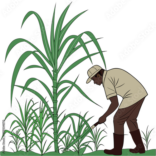 Farmer harvesting sugarcane with a machete in a field of tall green stalks and leaves