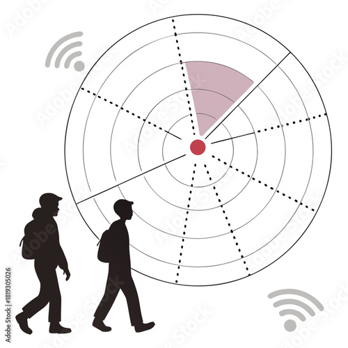 Two silhouetted hikers walking towards a radar display showing signal strength and wi fi connectivity