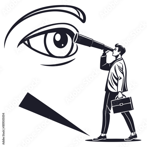 Businessman with briefcase looking through a telescope towards a giant watchful eye