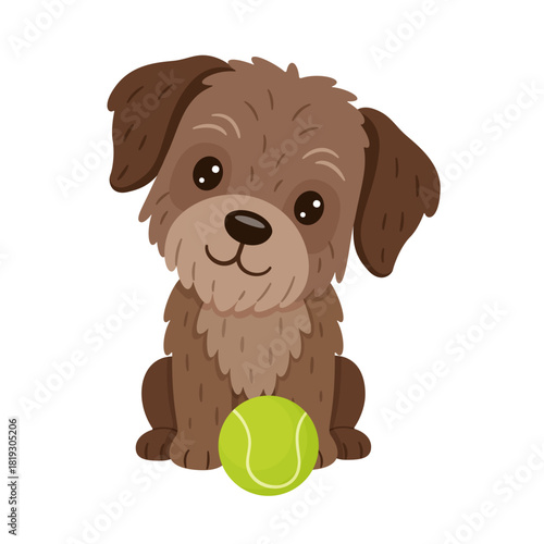 Cute brown puppy sitting with tennis ball. Adorable Hand drawn trendy flat style illustration. Ideal for pet care, dog training, animal toys, stickers, pet themes, branding, playful animal graphics