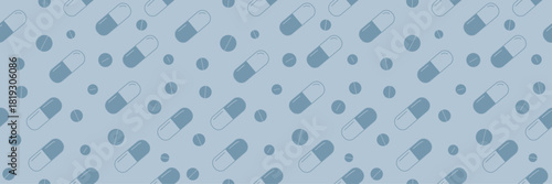 A seamless medical pattern with blue and white pills. A medicine background in blue colors.
